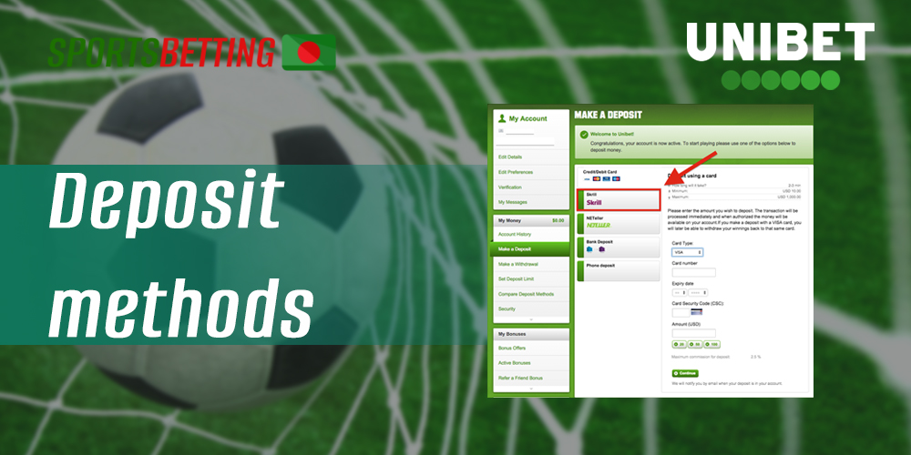 With which payment systems Bangladeshi users can make a deposit on Unibet 