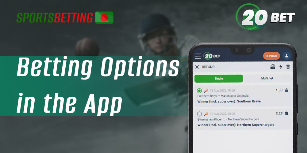 Table with the list of betting options available in the 20Bet app 