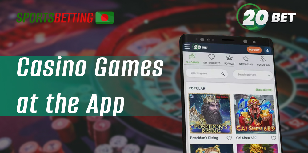 Description of the online casino section in the 20Bet mobile app 