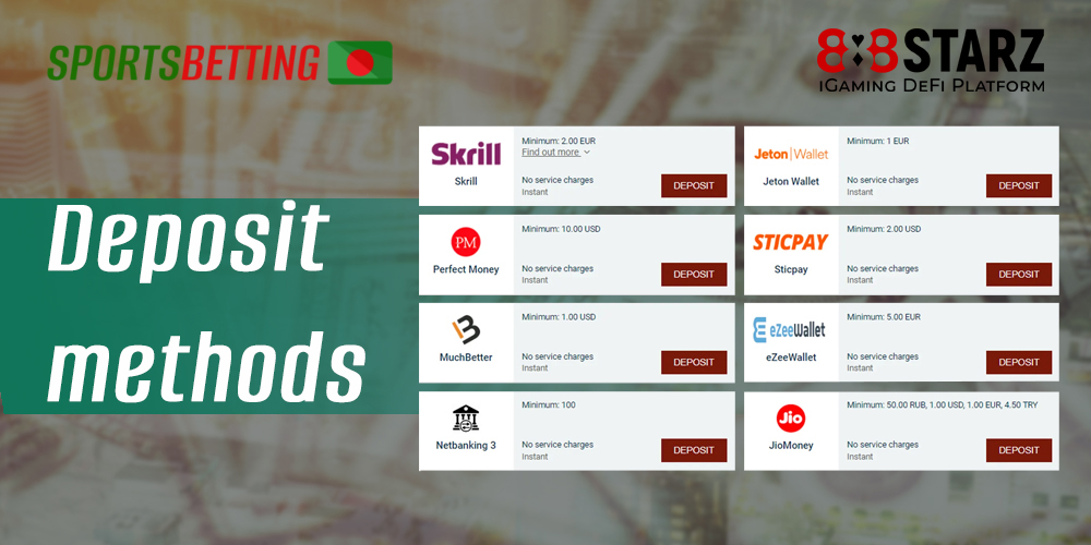 Payment methods by which 888starz users can make deposits