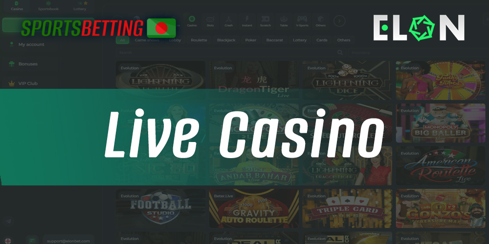 Live casino section on Elonbet online casino site 