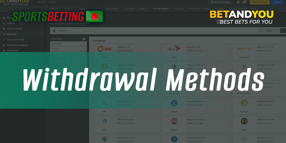 Withdrawal methods available at Betandyou