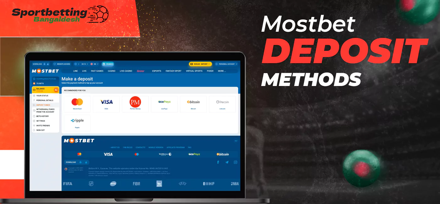 Deposit methods available at Mostbet