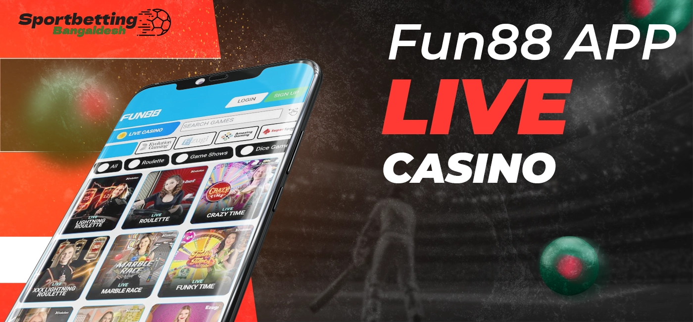Live casino features within Fun88 app with basic explanation