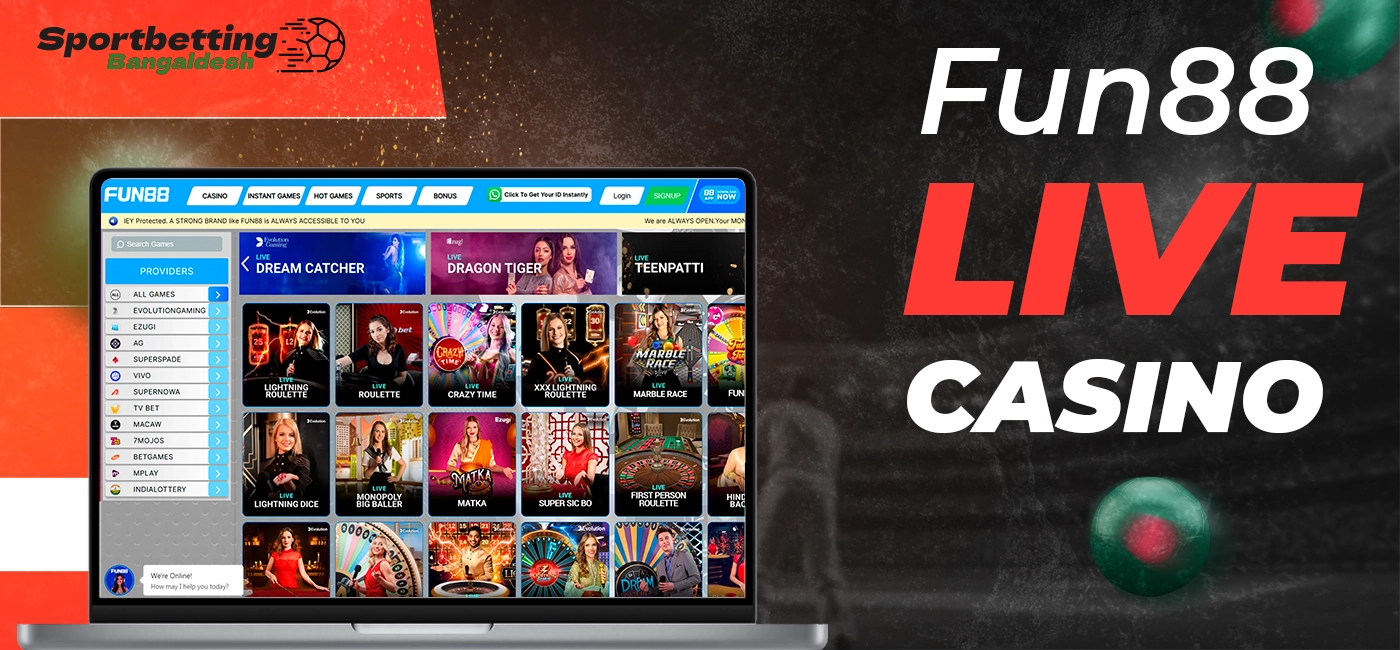 Fun88 live casino features with neutral description of available options