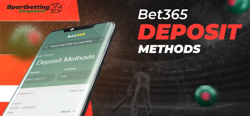 Available deposit methods at Bet365 with common payment options