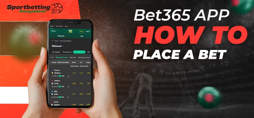 Steps for placing wagers using the Bet365 mobile application